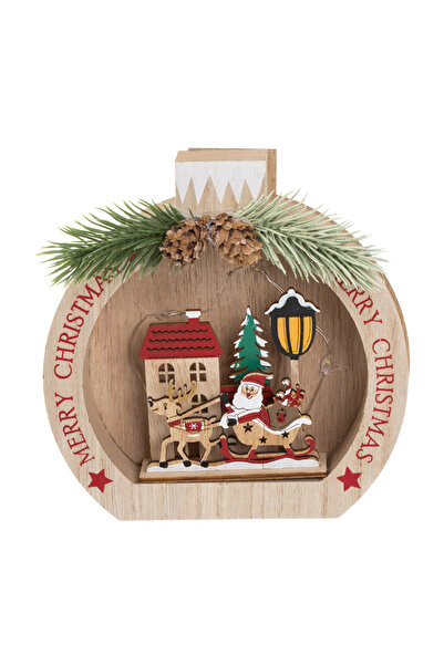 Zumzeria Sferă decorativă de Crăciun din lemn cu scenă și lumină LED 15x15cm