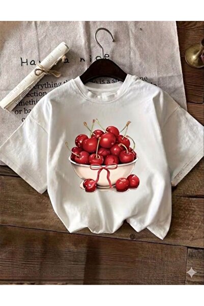LELVANİ Women's T-Shirt with Cherry Print and Circular Collar