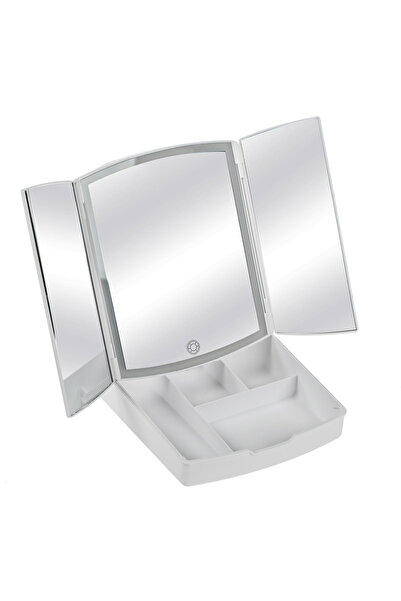 OEM White Folding Triplet Mirror for Makeup with 72 LED Lights USB & Compartm...