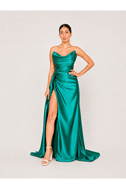 Maxra Govana Strapless Neckline Lace-Up Back Satin Evening Dress with Slit Dr...