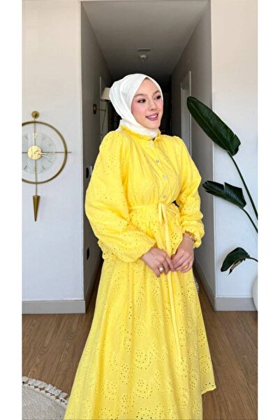 Morvarid Women's Dress with Lace Detail and Scallop Embroidery in Yellow