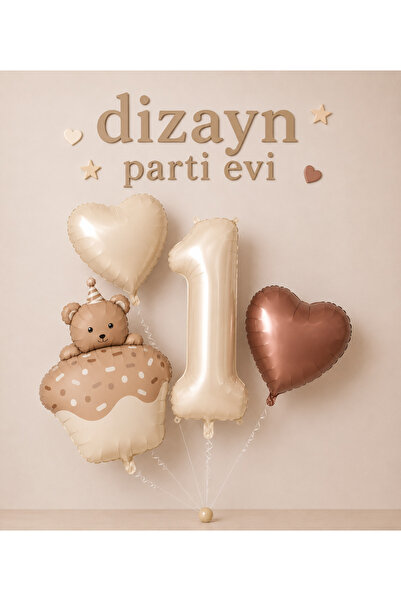 Dizayn Parti Evi 1 - 2- 3 - 4 Yaş Ayıcıklı Cupcake Folyo Balon Seti Krem Kahv...