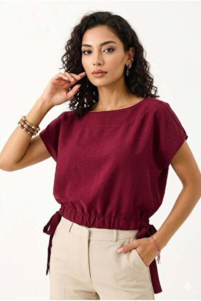 Raneel Kazançlı Alışveriş Women's side-tie tencel blouse - burgundy