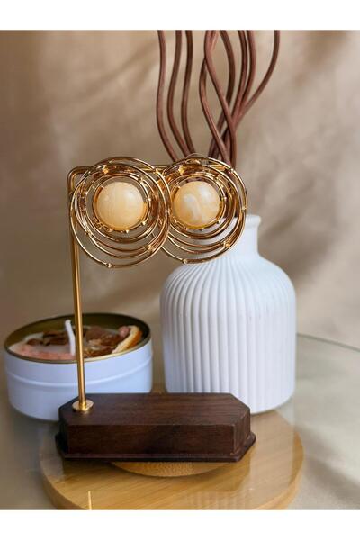 ANKA JEWELLRY Cream Cat's Eye Stone Detail Spiral Shape Gold Design Steel Wom...