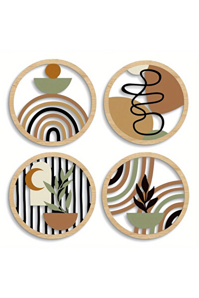 Choice 4pcs Bohemian 2D Wave Wall Art 4Pcs, Round Wooden Hanging Signs, Rusti...