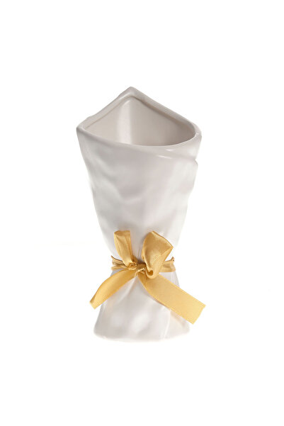 meli melo White ceramic vase with yellow satin bow, Textured design 20 cm