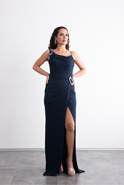 Mialora Long, Stylish Evening Dress with Shoulder and Waist Accessories, Drap...