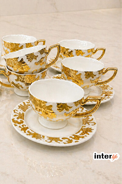 İnterlife 6-Person Porcelain Coffee Cup Set, White Color, Gold Embossed, Deco...