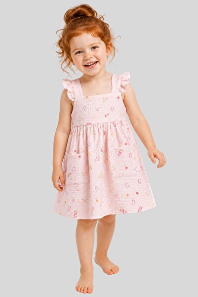 Haribo Girl's Square Collar Floral Patterned Muslin Dress with Pockets