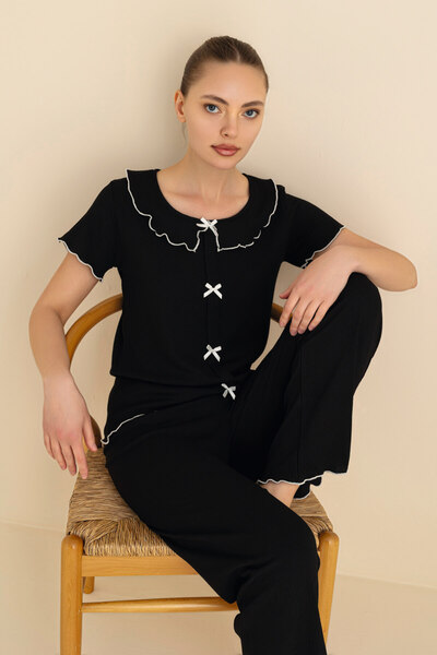 SEAMLIFE HOMEWEAR طقم بيجامة فرنسي بياقة مزينة بفيونكة