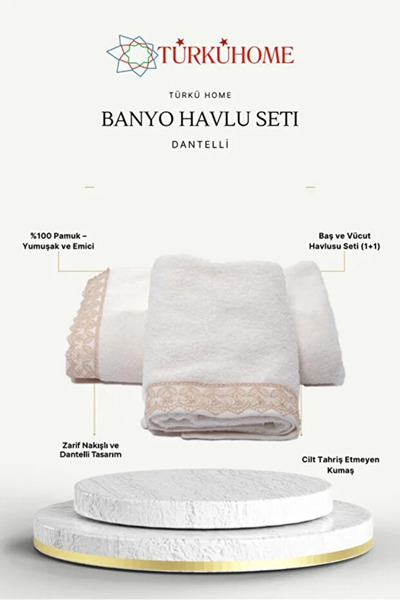 Türkühome Cotton Embroidered Lace 2-Piece Head and Body Towel Set (1 Head Tow...