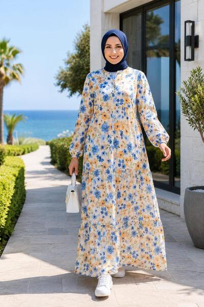 Hb Harma Time Butik Women's Buttoned Patterned Modal Fabric Blue Dress