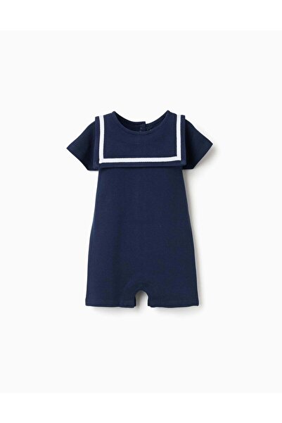 Ziddy Cotton Piqué Romper With Sailor Collar For Newborn Boys Dark Blue