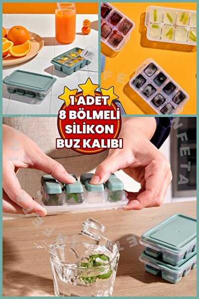 İnfeta 1 Adet Kapaklı Baş Parmak Silikon Buz Kalıbı Yapışmaz 8 Bölmeli Buz Kü...