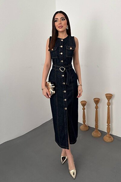 ozelia Navy Blue Buttoned Denim Dress