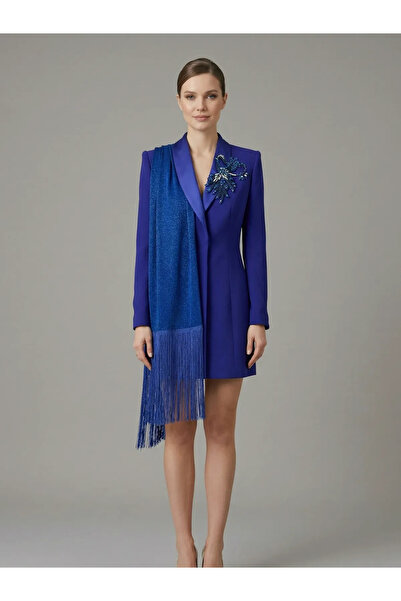 CRYSTALİA Şal Yaka Püskül Detaylı ve Taş İşlemeli Mini Blazer Elbise