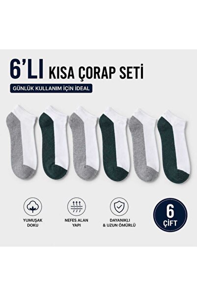 Tina atelier 6 Çift Pamuklu Erkek Kısa Konç Patik Sneaker Çorap Gri-Yeşil Set