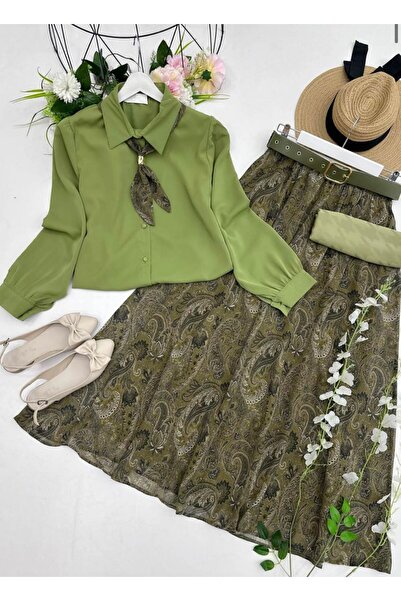 VOLT CLOTHİNG Shirt, Scarf, Detailed Belted Skirt Set