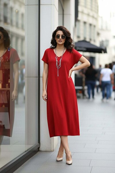 Mossta Short Sleeve V-Neck Midi Viscose Dress - Red