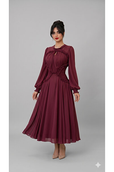 TOP BERLANTY Ruffle Detailed Pleated Evening Dress - Royal Burgundy