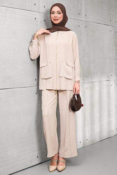 İmajButik Beige Zippered Jacket and Pants Set
