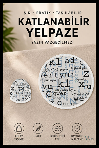 MAZEN Harf Dekor Desenli Katlanabilir Yuvarlak Yazlık Taşınabilir El Yelpazesi