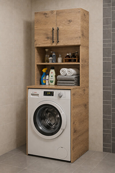 Bladimo Çamaşır Makinası Dolabı, Banyo Dolabı, 4 Raflı, Kapaklı Atlas Çam