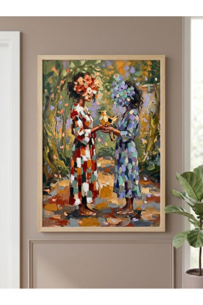 DEKORASOR Ahşap Çerçeveli Yağlı Boya Dokulu Modern Tablo - Soyut Kadın ve Kuş...