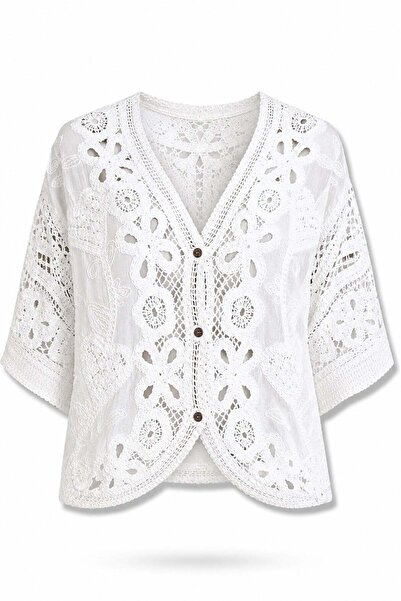 5in1Canpolat Ecru Lace Embroidered Bohemian Blouse 39727