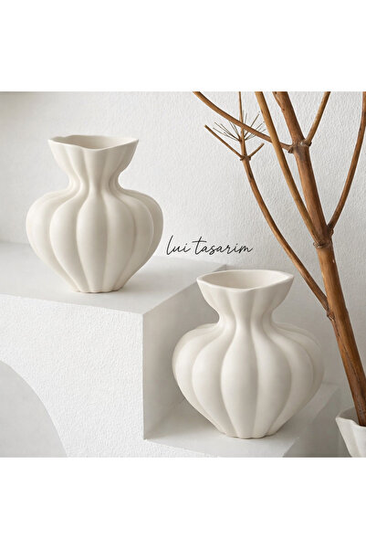 Lui Tasarım Bohemian Style 20 cm Ceramic New Modern Cream Color Handmade Vase...