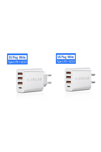 Choice1 شاحن طاقة أوروبي أبيض 20 واط بـ 4 منافذ USB بقوة 5 فولت/4 أمبير، شاحن...
