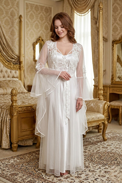 big mama Luxury Lace Bridal Robe - 2-Piece Satin Nightgown and Tulle Robe Set