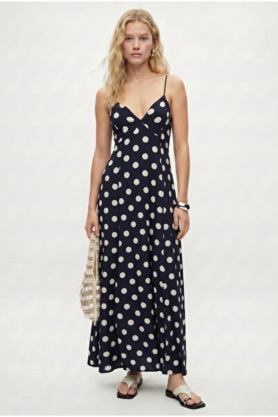 Ritnice Women's Week Elastic Back Navy Blue Polka Dot Strappy Long Dress