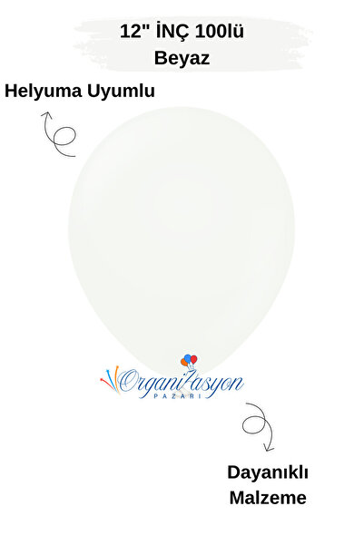 Organizasyon Pazarı Pack of 100 Balloons White 12 Inch Decoration Party Ornam...