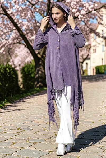 SHOPPEBUTİK Hooded Skirt with Tassels, Openwork Buttons, Cotton Cardigan