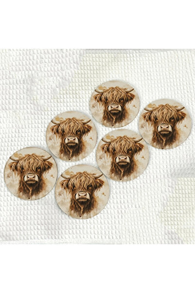 Choice 6pcs 2D Flat 6pcs Highland Bull Head Long Hair Wooden Coaster Kitchen ...
