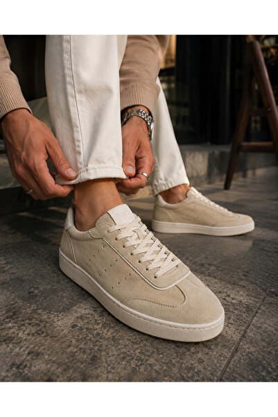 the corleone Hakiki Deri Bej Rengi Erkek Sneaker Premium Günlük Casual Ayakkabı
