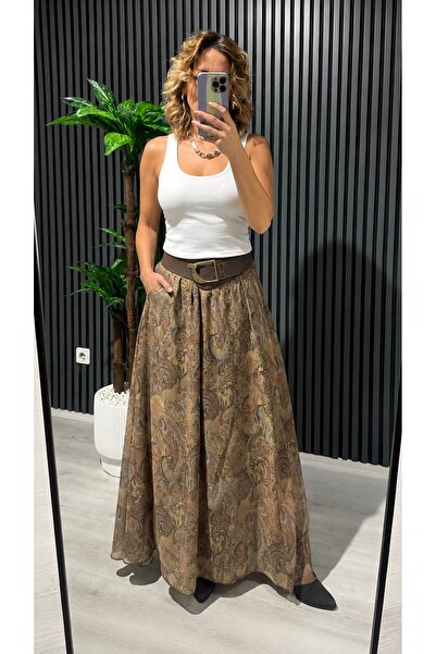 BEŞİR GİYİM تنورة نسائية ميدي مع حزام ونقشة شال كاكي