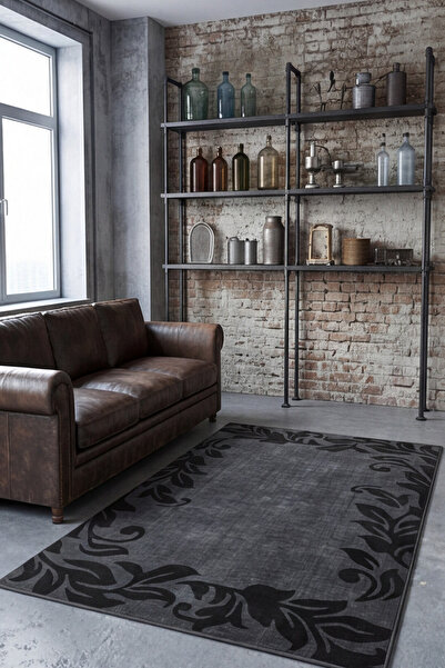 MENTEŞ HOME Modern Dijital Baskı Antrasit Yaprak Desenli Kaymaz Taban Yıkanab...