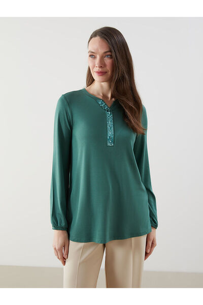 LC Waikiki Nevavm Women's Blouse with Contrast Collar and Sequin Embroidery