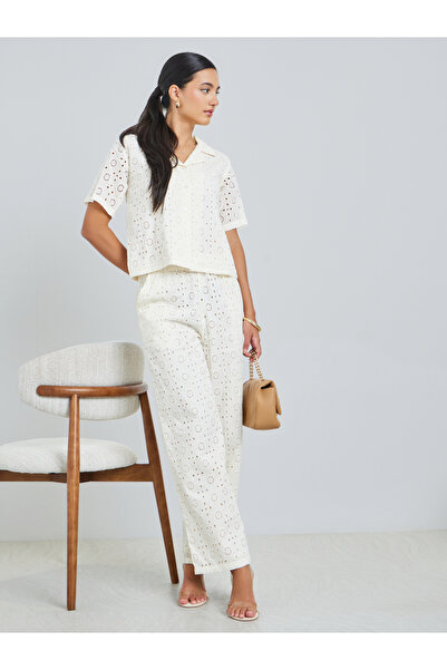Styli White Embroidered Eyelet Top and Trousers Co-Ords