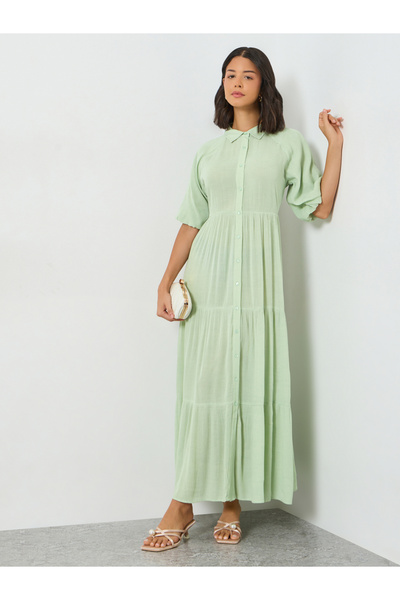 Styli Green Rayon Crepe Shirt Maxi Dress