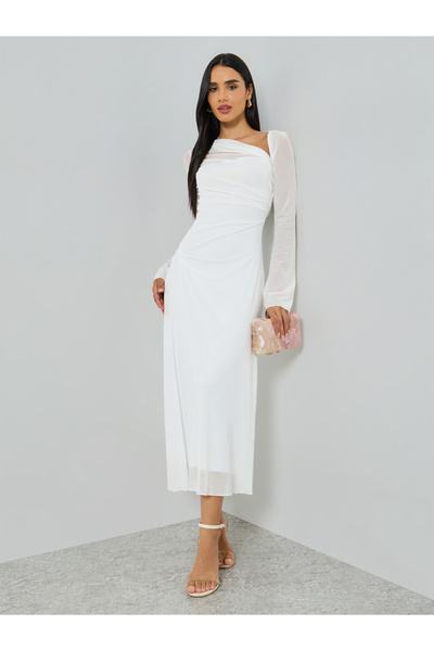 Take Two By Styli White Asymmetric Neck Long Sleeve Maxi Dress