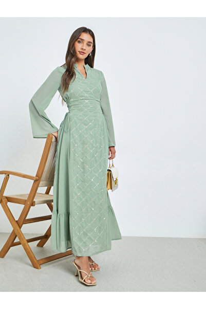 Styli Green Sequin Panel Maxi Dress with Side Tie-Up