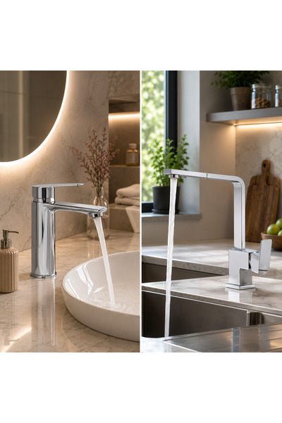 MİXSA Krom Lüx Premium 2'li Set Banyo Lavabo Bataryası ve Kare Mutfak Batarya...