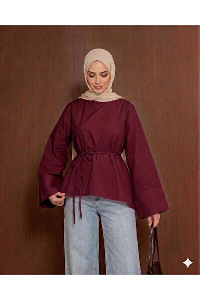 onlymoon Burgundy • Cotton Asymmetrical Cut Shirt • Oversized Tunic with Tie ...