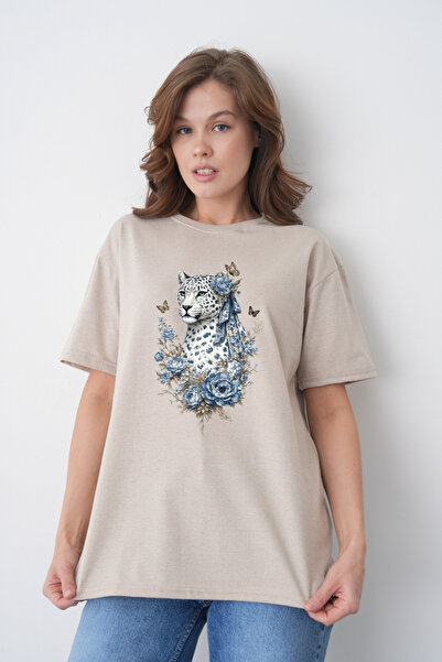 TREND EMMODA Tricou casual de damă, bej, cu decolteu rotund, cu imprimeu leop...