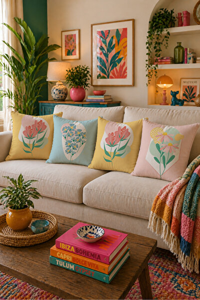 LadiesHome Pastel Floral Patterned 4-Piece Throw Pillow Cover Set 43X43 cm Do...