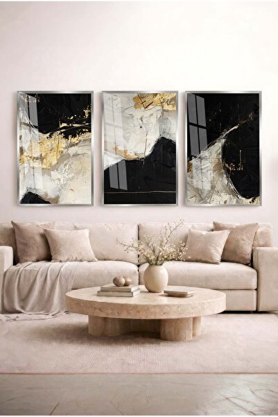 Zevahir Mobilya Dekorasyon Minimalist 3-Piece Glass Painting Set with Black a...