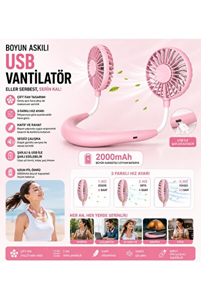 Tastech F3 Boyun Askılı Vantilatör Serinletici Fan Çift Fan Tasarımlı Boyunlu...